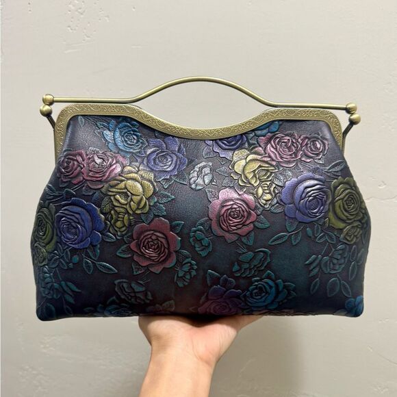 Unique Colorful Rose Embossed Cowhide Handmade Retro Style Kisslock Handbag - Picture 8 of 17